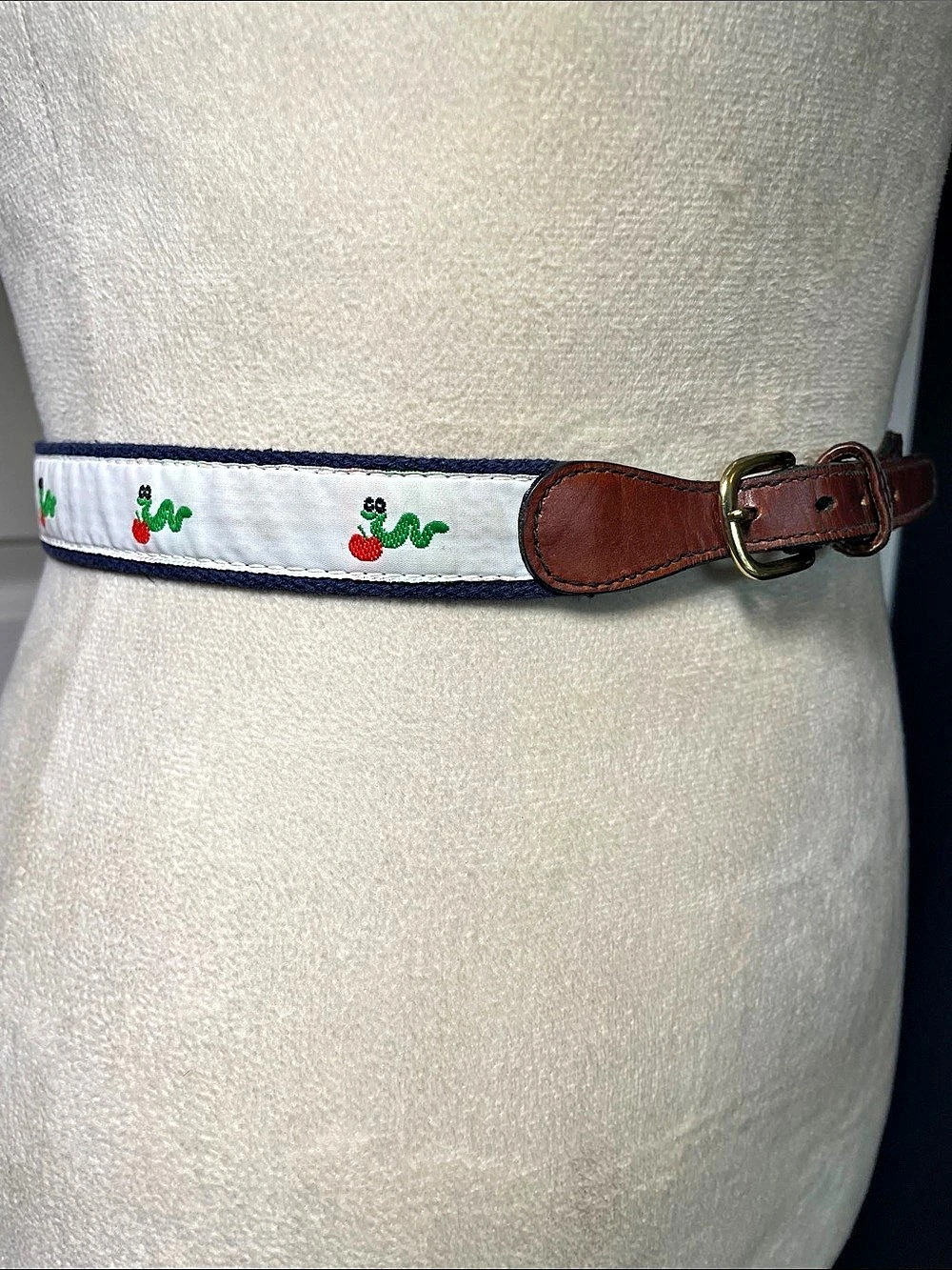 Vintage Canterbury Belt Ribbon Canvas Leather Worm Apple Preppy Novelty M/L